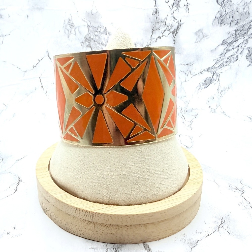 Orange Enamel Geometric Wide Cuff Bracelet Gold Tone 8.5 Inch